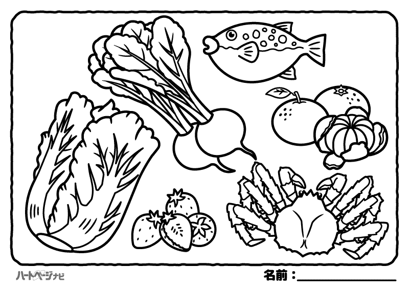 高齢者の冬の塗り絵／旬の野菜・果物・海産物の盛り合わせ