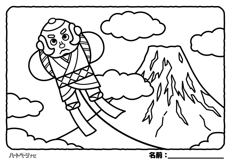 高齢者の冬の塗り絵／凧と富士山のある景色
