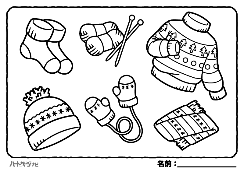 高齢者の冬の塗り絵／モコモコ手袋やマフラーのニット類