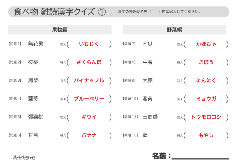 プリントできる難読漢字クイズ解答1