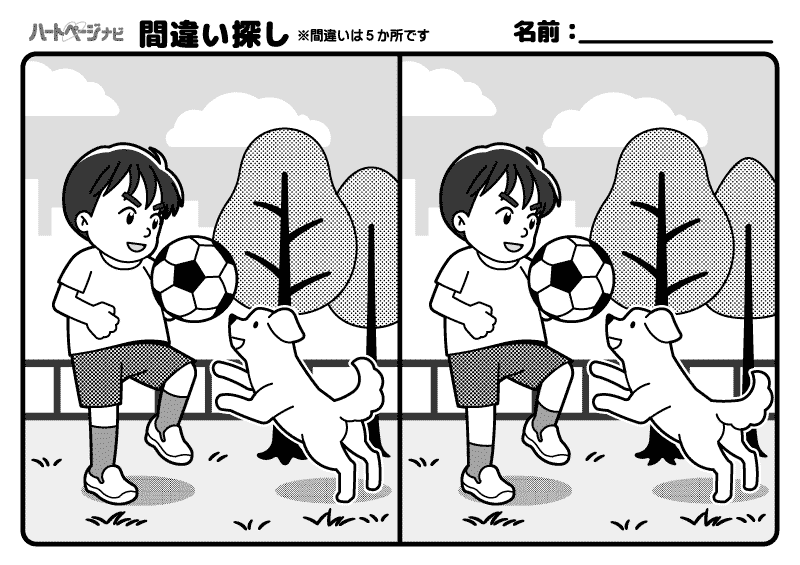 高齢者の間違い探し（難しい）／犬と公園でサッカー