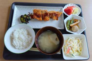 ランチ 紹介：鮭フライ、はるさめサラダ、煮物、フルーツ🍓揚げ物は人気🤗｜介護サークルかがやき網代橋